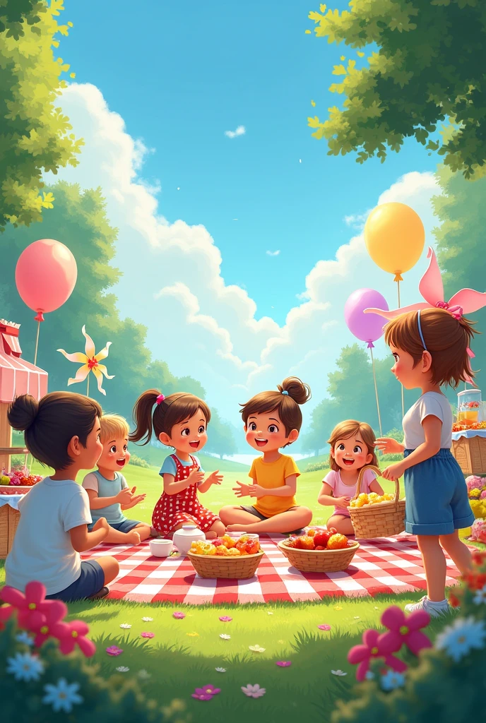 Scenario photos with children. Piquinique ao libre with candy colors cores, baloes, checkered tablecloths, lots of fruit, sweets, lemonades, lemonade stand, cotton candy cart and large paper windmills