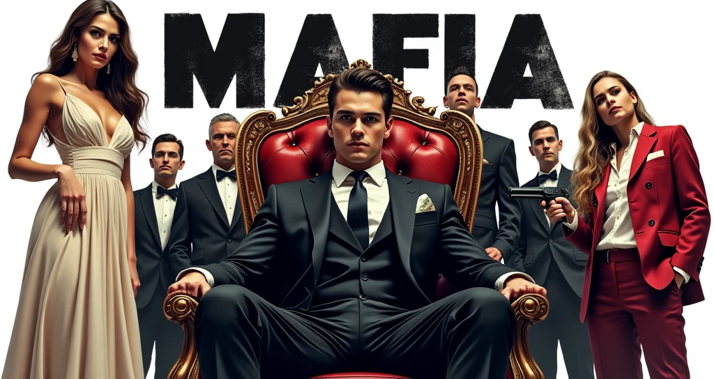 A striking poster showcasing a powerful, young, and handsome Mafia Boss exuding confidence as he sits on an opulent boss chair. His posture reflects dominance and control. Behind him stands a beautiful woman, adding an air of elegance and mystery. Beside her, a second version of the Mafia Boss is portrayed in simple attire, embodying a stark contrast. The background features a lavish bungalow, teeming with men clad in black suits and holding guns, creating an atmosphere of intimidation and power. The entire scene captures the essence of high-stakes drama and suspense.