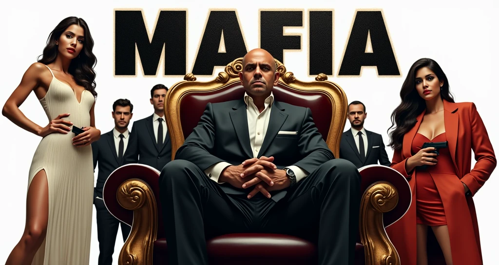 A striking poster showcasing a powerful, young, and handsome Mafia Boss exuding confidence as he sits on an opulent boss chair. His posture reflects dominance and control. Behind him stands a beautiful woman, adding an air of elegance and mystery. Beside her, a second version of the Mafia Boss is portrayed in simple attire, embodying a stark contrast. The background features a lavish bungalow, teeming with men clad in black suits and holding guns, creating an atmosphere of intimidation and power. The entire scene captures the essence of high-stakes drama and suspense.

