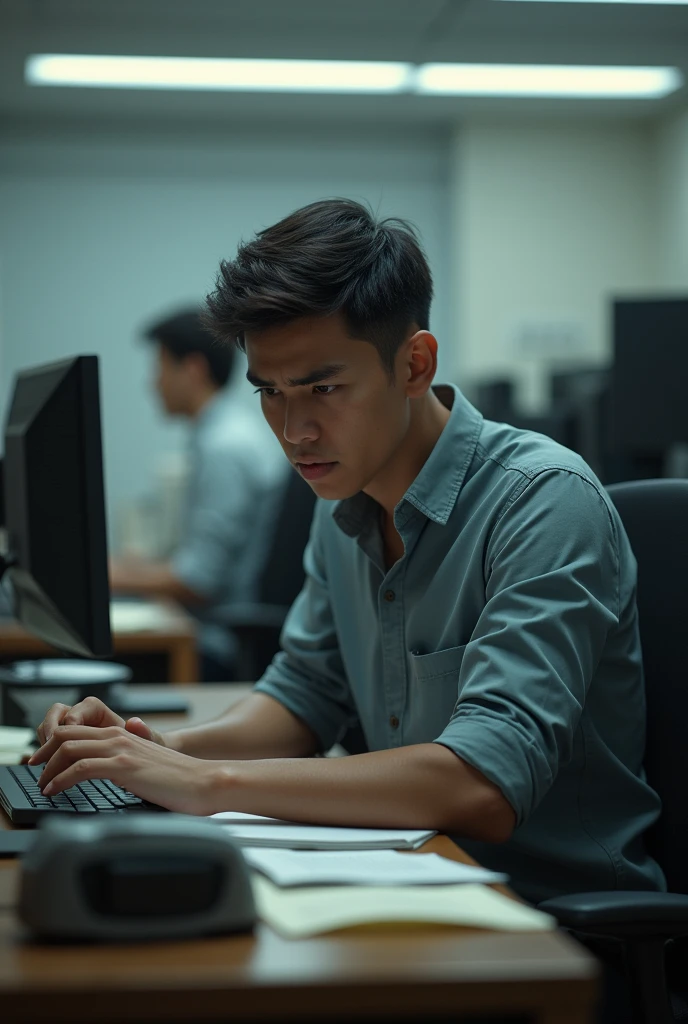 Create a young looking man with a dejected face working in a firm, make it as realistic as possible.