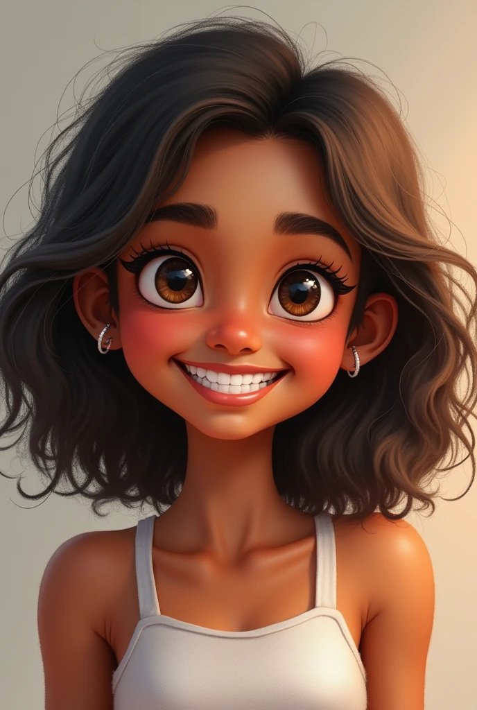 brown girl,with big eyes,medium wavy hair,With a round face,Grinning