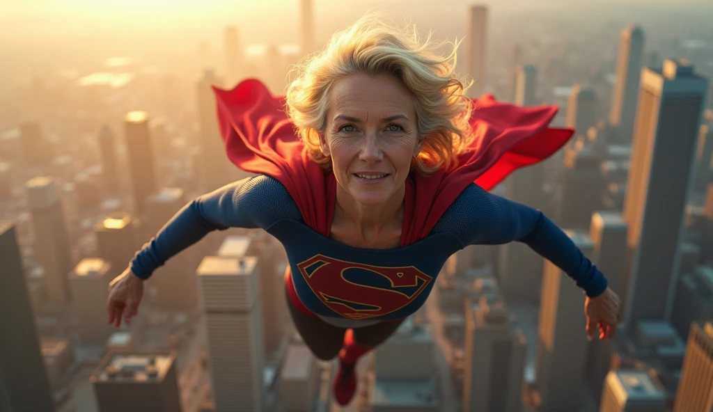 Supergirl Julie Hagerty(((very beautiful old Supergirl (((1984s costume))); Julie Hagerty))) Super old woman Julie Hagerty; confident, powerful, indestructible, attractive; big and firm chest, floating high above the city, sunlight streaming through the clouds, dramatic pose, cinematic lighting, colorful cityscape below, gritty urban environment, intricate details, hyper-realistic, 8k, cinematic, dramatic, grandiose, superhero, flying, cape flowing, muscular, confident, powerful, determined expression, glowing eyes, lens flare, volumetric lighting, cinematic camera angle, dramatic shadows and highlights, photorealistic, vibrant colors, highly detailed, masterpiece