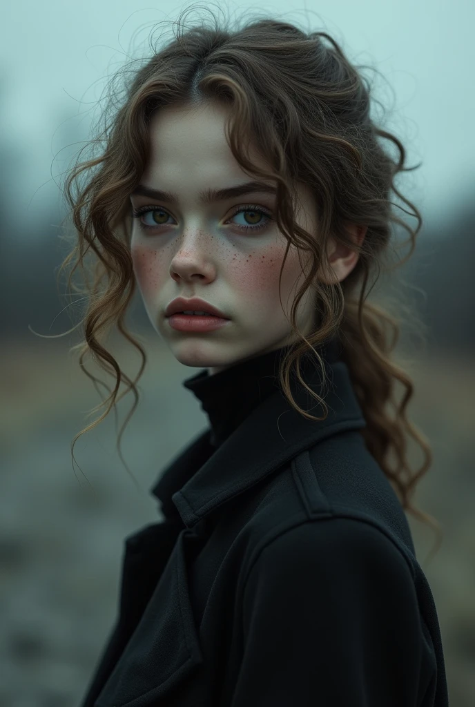 A tall white girl with light brown curly hair, brown eyes with freckles, medium-large lips, cold in a cold and possessive environment