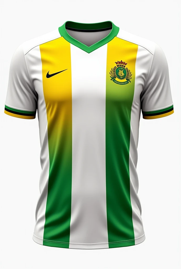 White football shirt, with vertical green and yellow color details, with the coat of arms of Jamaica 
