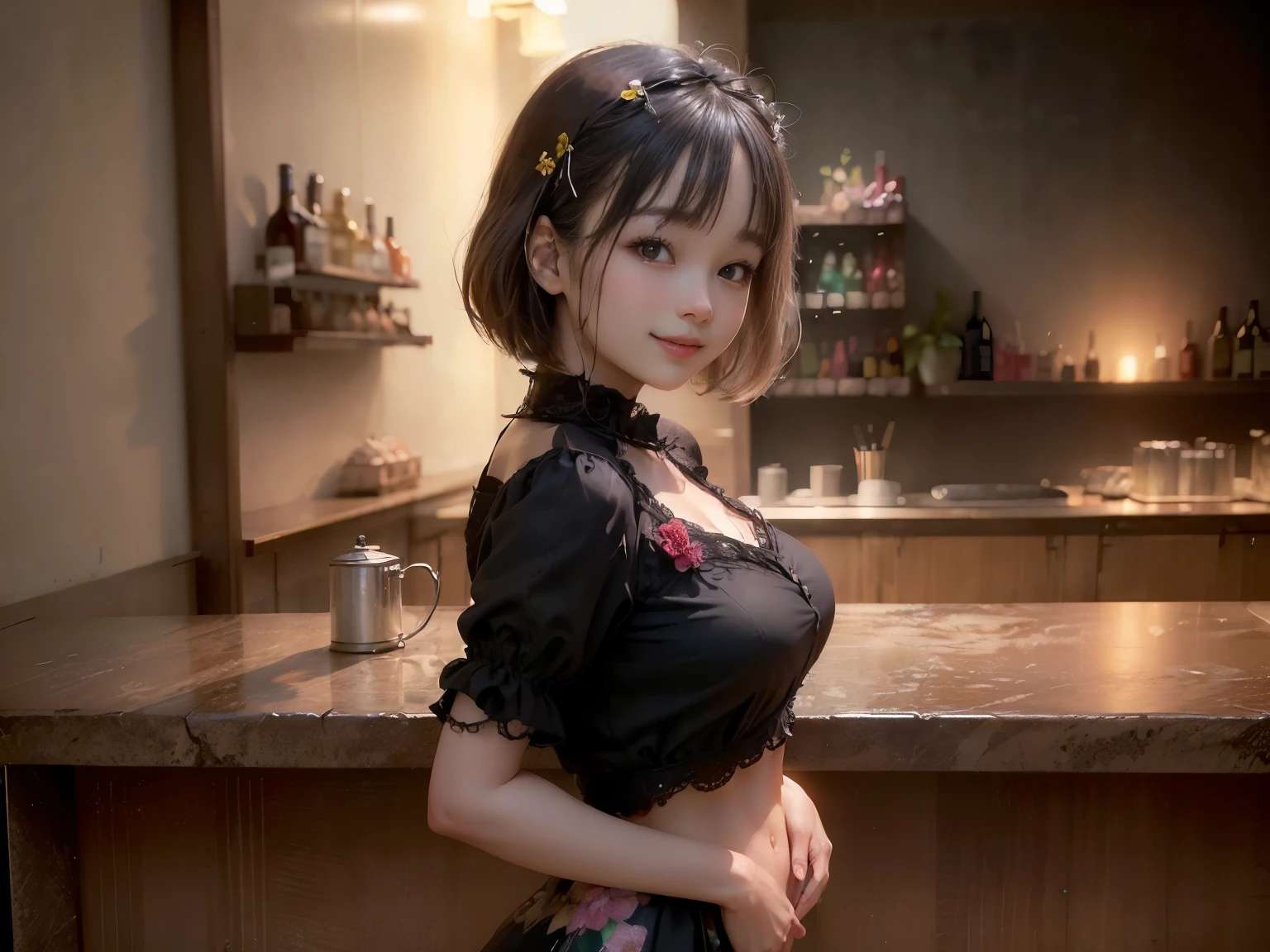 (Highest quality, masterpiece, Ultra-high resolution, 8k, RAW Photos, Realistic, Anatomically correct:1.5), 20-year-old girl:1.2, Embarrassing, avert your eyes, blush:1.0, View Viewer, ((bar)) 、Large windows、Night view、 Light:1.2, Bokeh, Cinema Lighting:1.0, Depth of written boundary, sharp、 Cute Face、Idol、(Black short sleeve lace top)、(Black tulle skirt)、(Black clothing)、(Floral clothes)、”dwarf”、(Full Body Shot)、(Side angle)、Cowboy Shot、( smile)、((Ultra short hair、Berry Short))、(Straight bangs)、((See-through))、(( One woman))、look back、I can see your belly button、