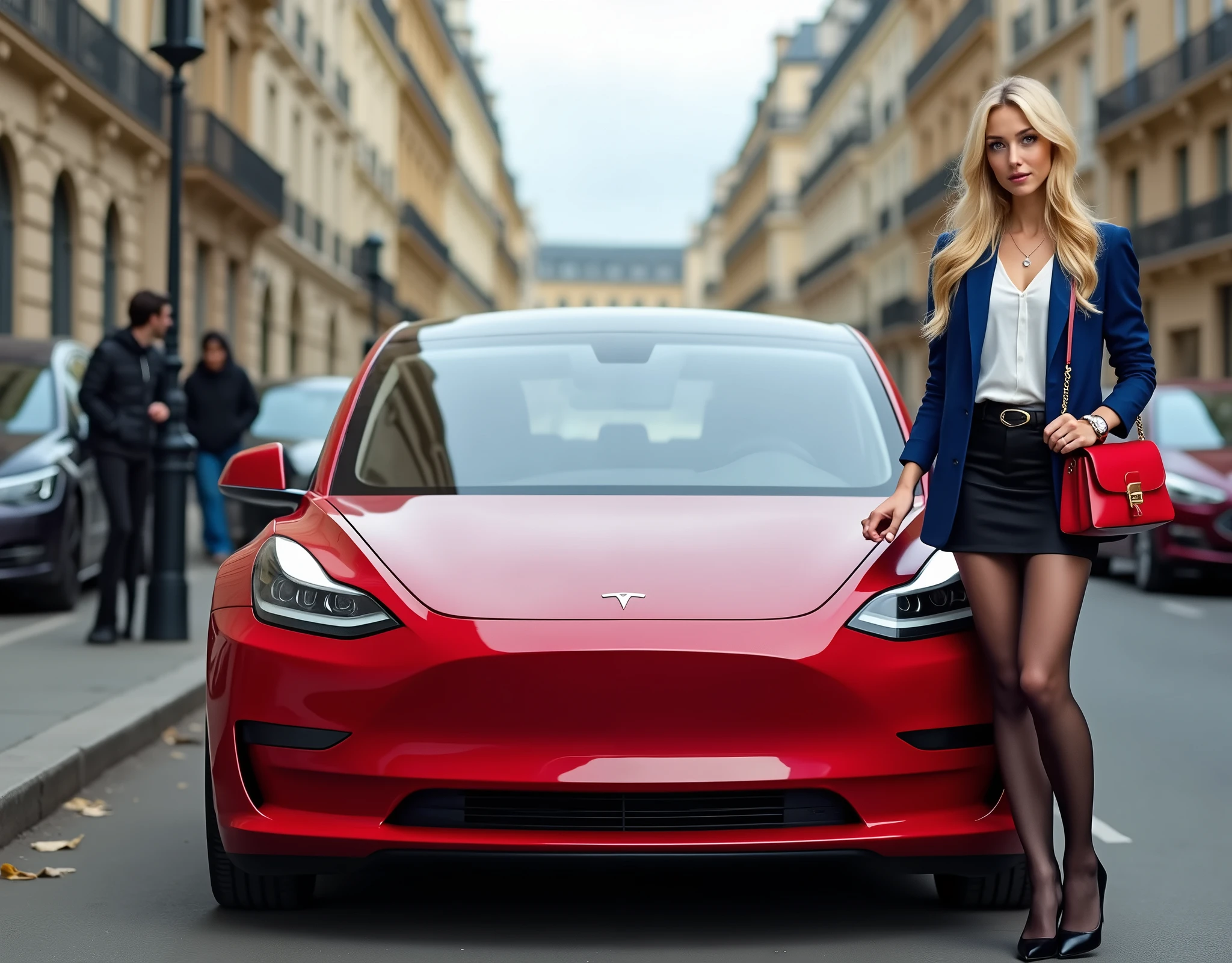 Tesla-Electric Vehicles、 Red color, Environmentally friendly, Front view, full body, standing on street, in Pars, beautiful young French girl, (2 , blond hair, long hair, gray eye, little lip , earring neckless, Gucci red handbag, lady's lady's watch of Quarter ), (C cup breasts, wide hip), ( haute couture Blue Jacket, White blouse, Black miniskirt, black pant stocking , black hi-heal), ((super detail, high details, high quality, accurate, anatomically correct, textured skin, beautiful fingers super detail, high details, high quality, best quality))