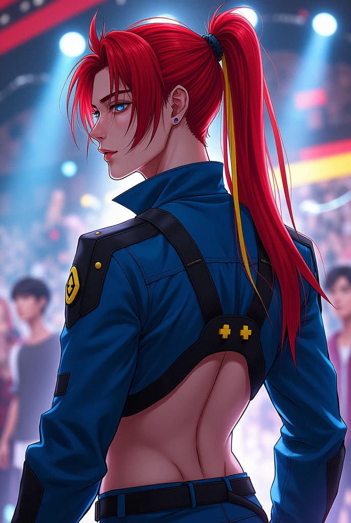 masterpiece, Highest quality, Ultra-high resolution, (sexy Korea idol man: 1.3), Men, Korea Men, manhwa boy, sexy Men, Red hair with yellow side streaks, Straight hair、big male ass , big male ass , big male ass, long tied hair, Looks like a、(red and blue harajaku boy style: 1.2), (The jacket is a blue jacket with red and yellow details.: 1.2), back view、Big, shapely ass、The kpop show paucco where the spotlight is dazzling、A little wet、mouth piercing, Focus on the big ass and beautifully shaped