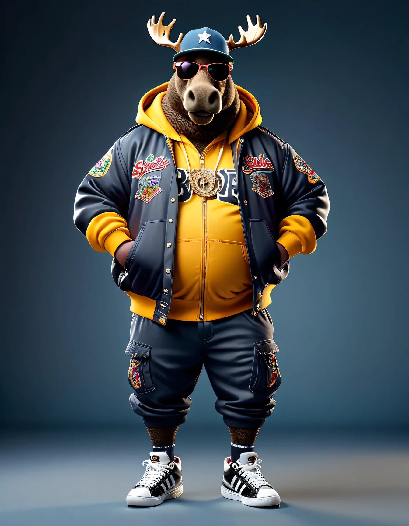 photorealistic portrait of Dressed animals - a ((fat)) (moose) hip hop dancer,(hands on hips:1.5), high quality,(lovely) ,intricate details, highly detailed ((hip hop fashion)) ,(wearing sunglasses:2.0), (cap, pants, sneakers),(wearing a jacket and hoodie) ,, wearing sunglasses, (happy), studio lighting,(full body image:1.5)