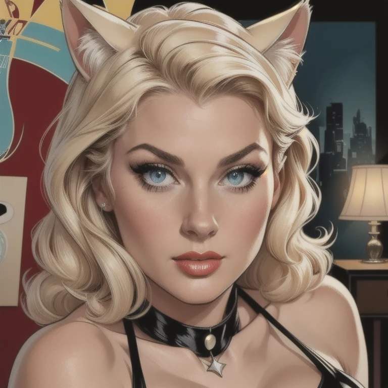 a blonde woman wearing a tight cat costume, with cat ears, staring seductively at the camera, in a dramatic, cinematic lighting, extremely detailed face and eyes, long eyelashes, beautiful detailed lips, in a photorealistic, 8k, high quality, ultra-detailed, professionally rendered scene with vivid colors, HDR, UHD, studio lighting, ultra-fine painting, sharp focus, physically-based rendering, and a full body closeup in a 1960's pinup style
