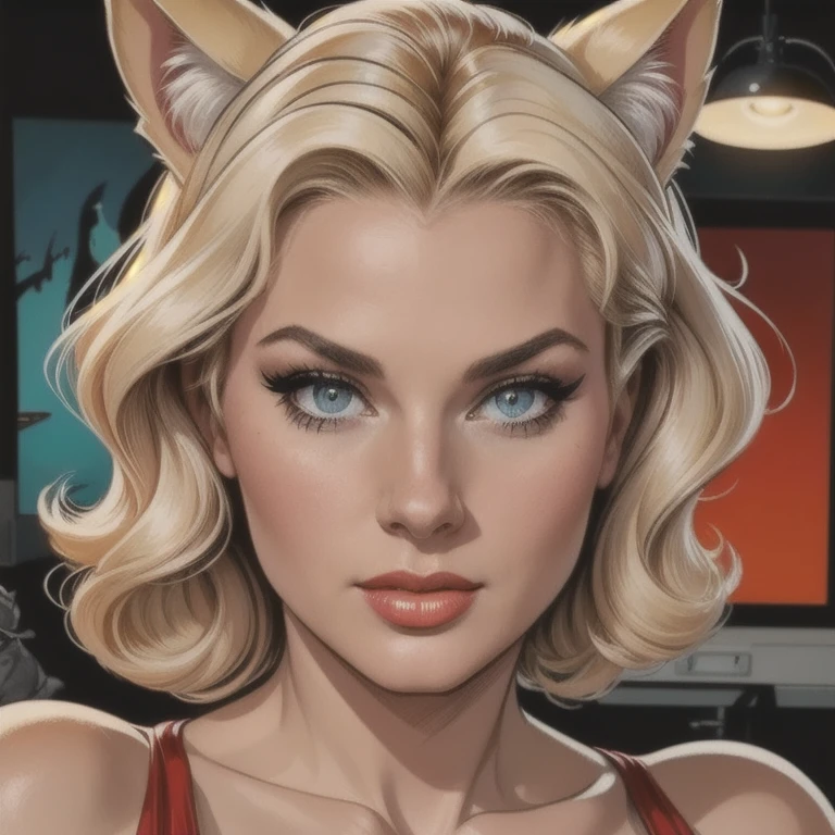 a blonde woman wearing a tight cat costume, with cat ears, staring seductively at the camera, in a dramatic, cinematic lighting, extremely detailed face and eyes, long eyelashes, beautiful detailed lips, in a photorealistic, 8k, high quality, ultra-detailed, professionally rendered scene with vivid colors, HDR, UHD, studio lighting, ultra-fine painting, sharp focus, physically-based rendering, and a full body closeup in a 1960's pinup style