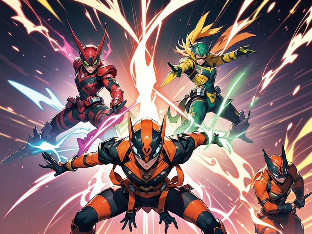 A brave and daring image of the six-man Ranger team, Each is decorated with the following vibrant colors:: neon pink, Sunset Orange, Fire engine red, plasma violet, Fluorescent Green, shocking yellow. A dynamic pose with a background that oozes energy and courage.。, Embodying the essence of the classic Sentai superhero team. Each Ranger's outfit is sleek and modern, Each color has elements that reflect its theme., Ready for action. ((camel toe))