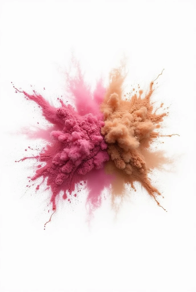 White background with two powders colliding, one pink and the other brown.. Forming an irregular shape