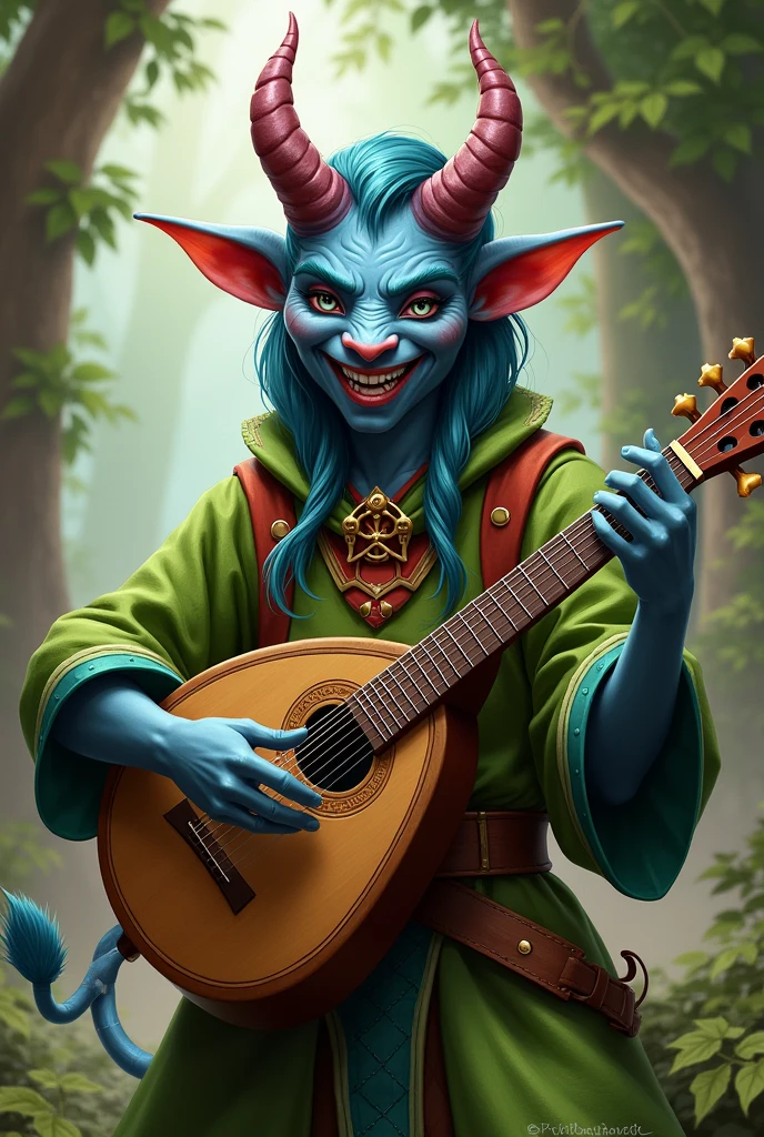 tiefling bardo, playing a lyre, green clothes with red, ash blue skin, horns and not so long ears, happy