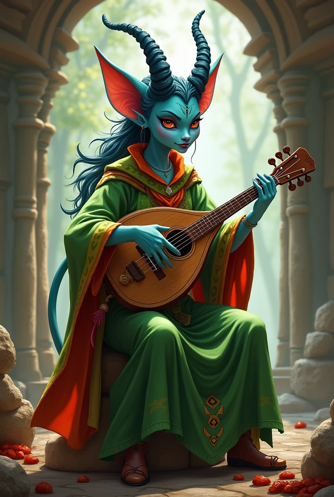 tiefling bardo, playing a lyre, green clothes with red, ash blue skin, horns and not so long ears, happy