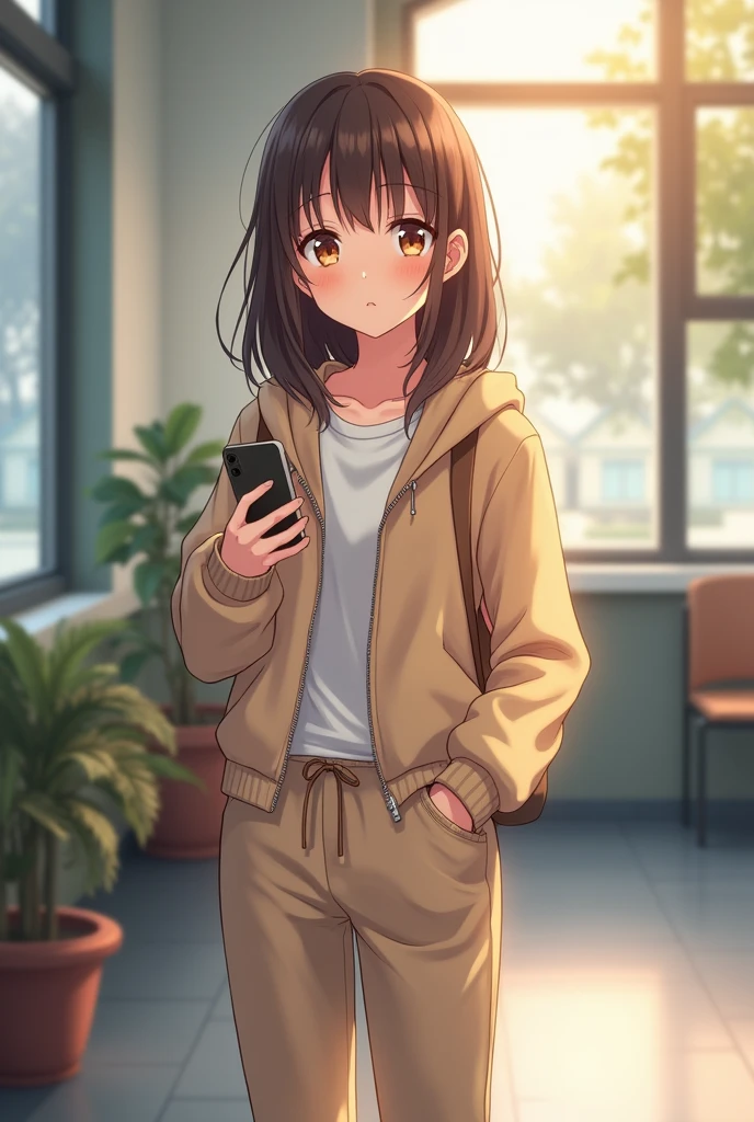 (anime:1.2), Pretty girl standing full body in casual clothes, with medium long brown hair and honey colored eyes from head to toe in school without bangs and with comfortable pants and a sweatshirt along with her phone