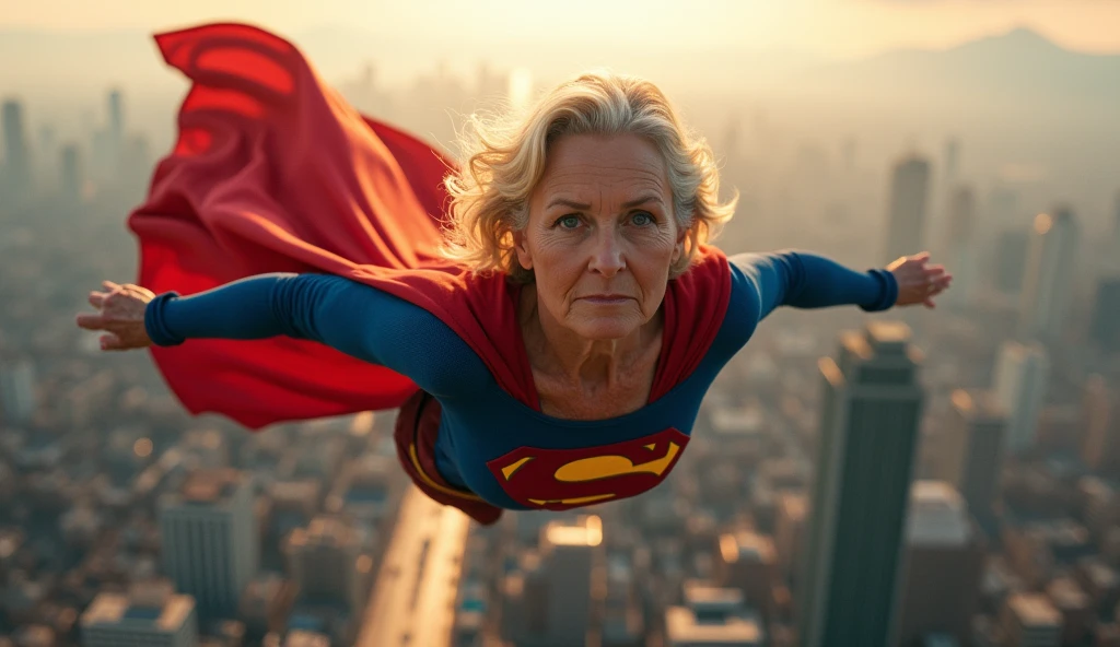 Supergirl Julie Hagerty(((very beautiful old Supergirl (((1984s costume))); Julie Hagerty))) Super old woman Julie Hagerty; confident, powerful, indestructible, attractive; big and firm chest, floating high above the city, sunlight streaming through the clouds, dramatic pose, cinematic lighting, colorful cityscape below, gritty urban environment, intricate details, hyper-realistic, 8k, cinematic, dramatic, grandiose, superhero, flying, cape flowing, muscular, confident, powerful, determined expression, glowing eyes, lens flare, volumetric lighting, cinematic camera angle, dramatic shadows and highlights, photorealistic, vibrant colors, highly detailed, masterpiece