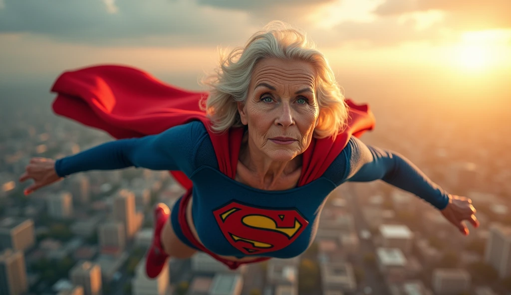 Supergirl Julie Hagerty(((very beautiful old Supergirl (((1984s costume))); Julie Hagerty))) Super old woman Julie Hagerty; confident, powerful, indestructible, attractive; big and firm chest, floating high above the city, sunlight streaming through the clouds, dramatic pose, cinematic lighting, colorful cityscape below, gritty urban environment, intricate details, hyper-realistic, 8k, cinematic, dramatic, grandiose, superhero, flying, cape flowing, muscular, confident, powerful, determined expression, glowing eyes, lens flare, volumetric lighting, cinematic camera angle, dramatic shadows and highlights, photorealistic, vibrant colors, highly detailed, masterpiece