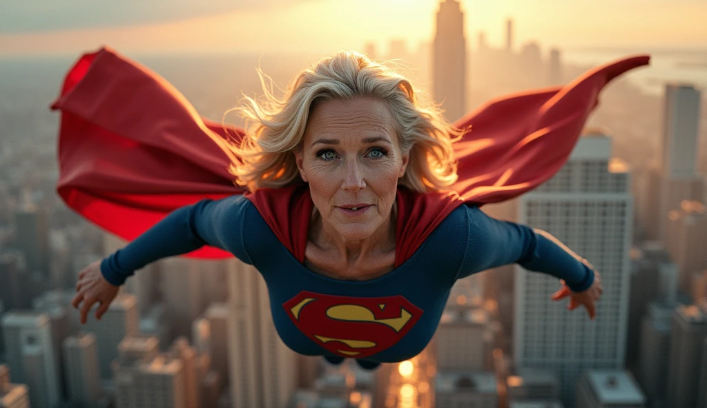 Supergirl Julie Hagerty(((very beautiful old Supergirl (((1984s costume))); Julie Hagerty))) Super old woman Julie Hagerty; confident, powerful, indestructible, attractive; big and firm chest, floating high above the city, sunlight streaming through the clouds, dramatic pose, cinematic lighting, colorful cityscape below, gritty urban environment, intricate details, hyper-realistic, 8k, cinematic, dramatic, grandiose, superhero, flying, cape flowing, muscular, confident, powerful, determined expression, glowing eyes, lens flare, volumetric lighting, cinematic camera angle, dramatic shadows and highlights, photorealistic, vibrant colors, highly detailed, masterpiece