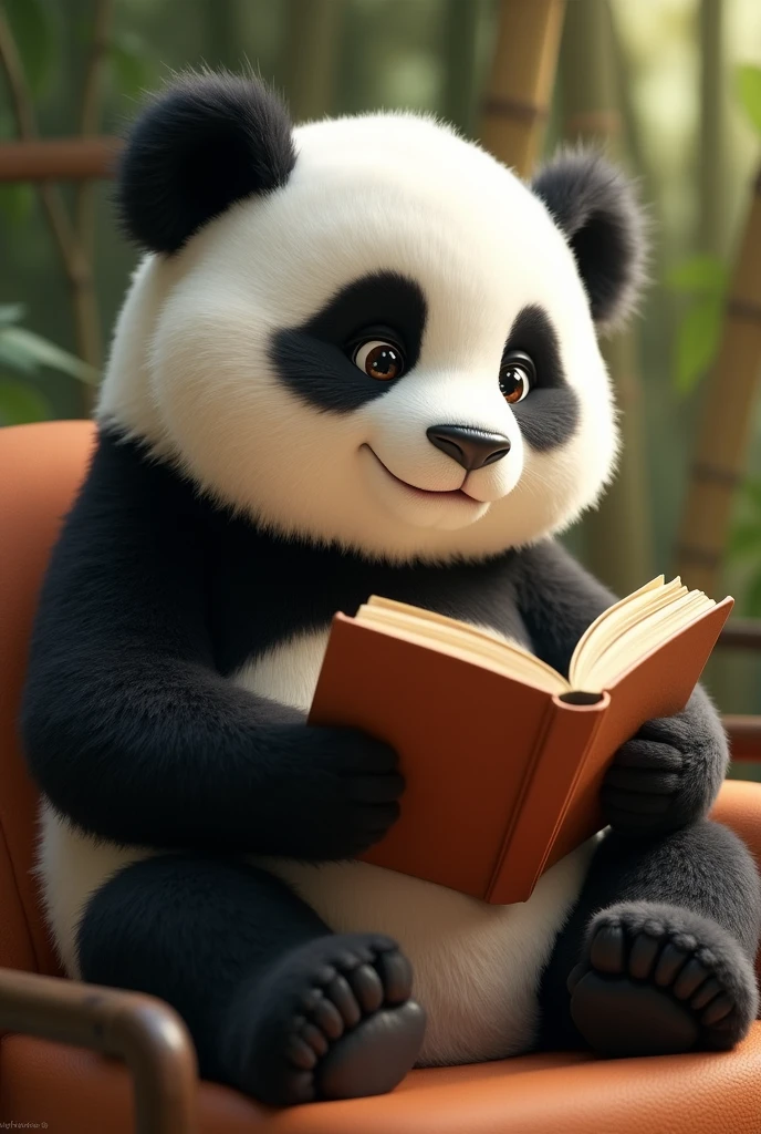 Draw a semi realistic panda, Pleasant and thoughtful look while comfortably reading a book.
