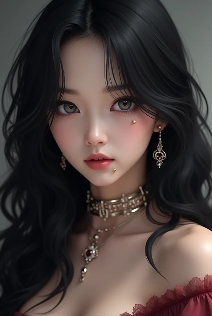 An idol with long hair,gray eyes,black hair color, piercing no canto da boca