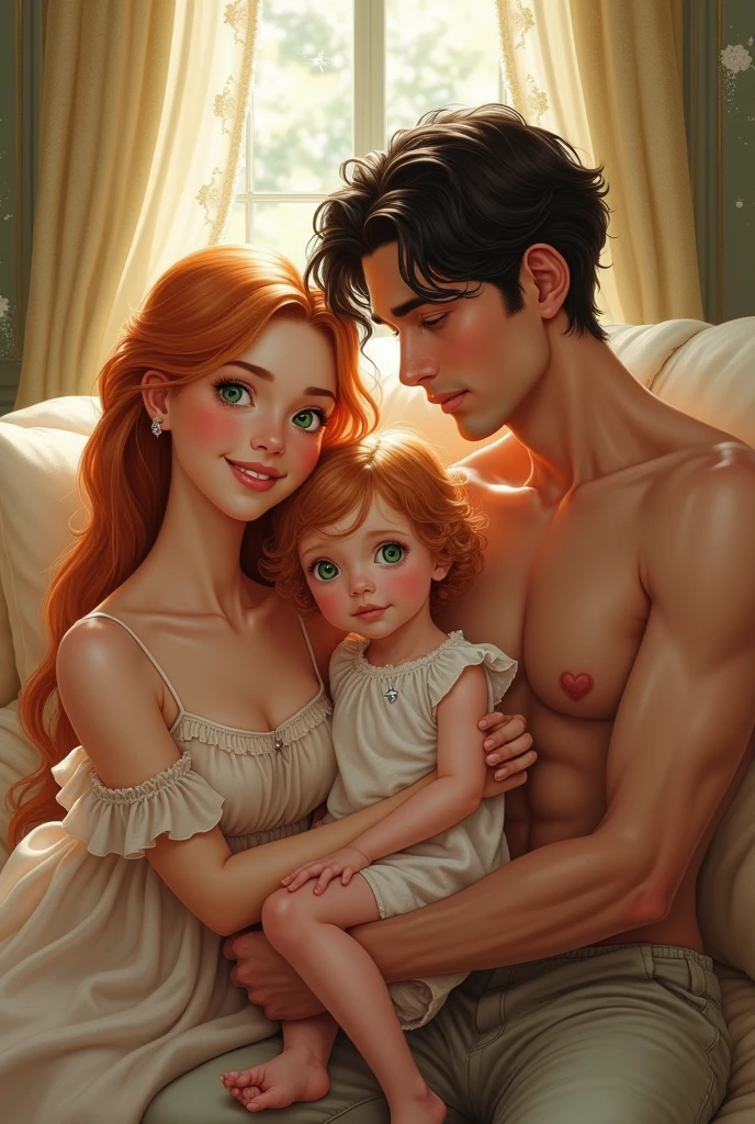 (best qualityer)), ((work of art)), (detailded), a woman with strawberry blonde hair and amber eyes wearing a beautiful, elegant and comfortable dress with her firstborn son with green eyes and strawberry blonde hair and an extremely handsome man with a tanned body, green eyes, short, wavy black hair with a little baby girl on his lap, beautiful just like her father