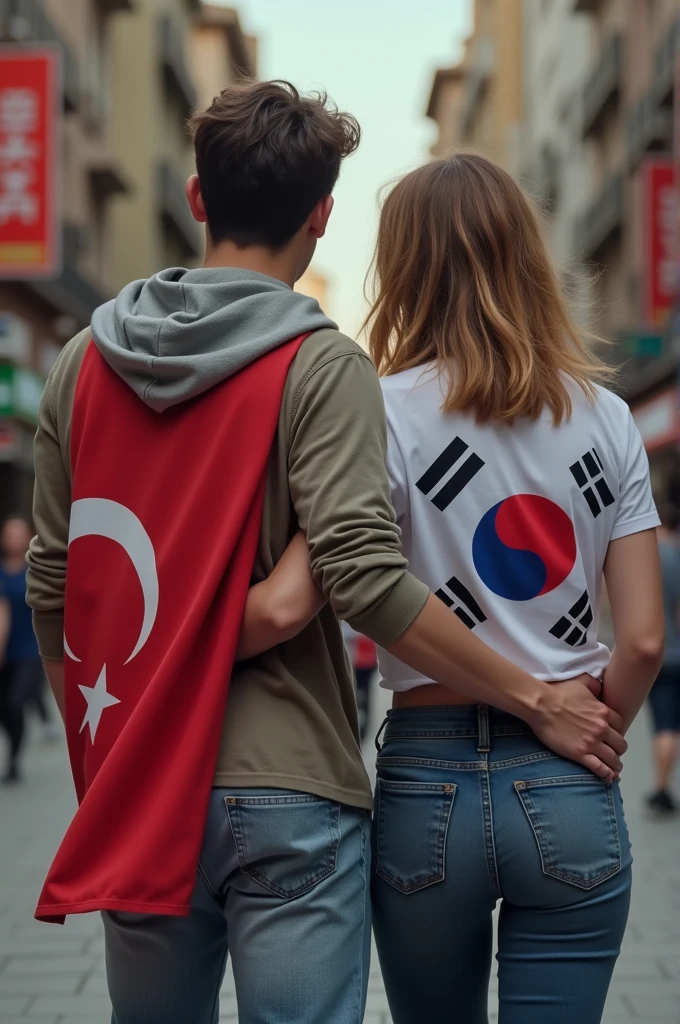 A woman and man in the back. They are youtubers. No faces are seen. You can use country flags which is korea for man and turkey for woman