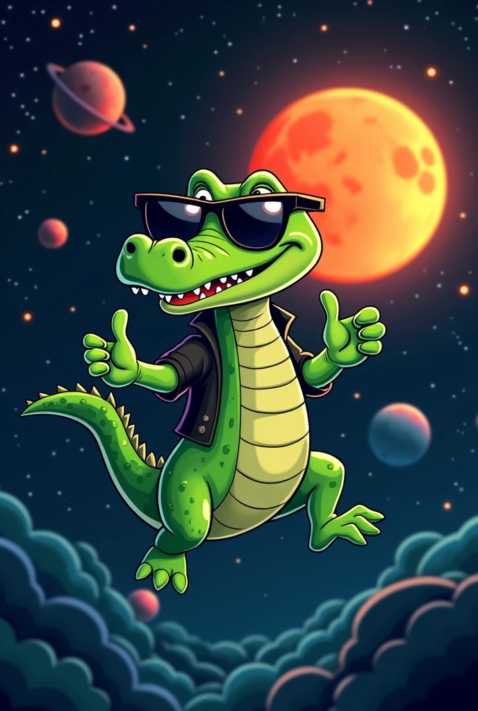 A futuristic logo featuring a friendly green alligator wearing sunglasses and giving a thumbs up. The crocodile is floating in a galaxy with stars, planets and a big orange moon. The alligator is wearing a black shirt. The background is a deep blue. Estilo desenho da Pixar