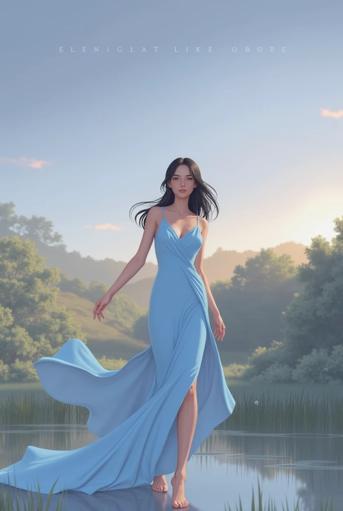 Long black hair girl, Sky blue fitted dress