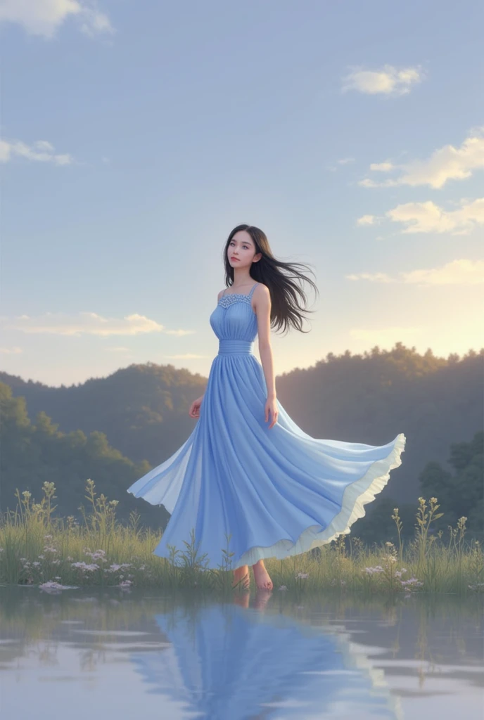 Long black hair girl, Sky blue fitted dress 