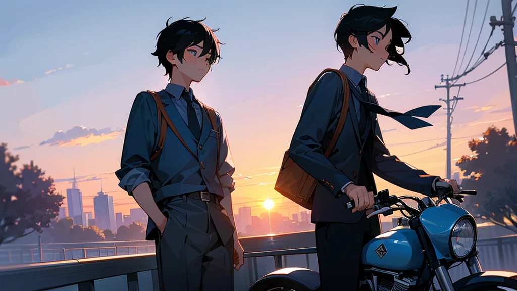 A very cool high school boy in a school uniform、Black Hair、Blue sparkling eyes、On the way home from school, you can see the sunset、blush、They are talking happily.、One person、solo、Retro anime style