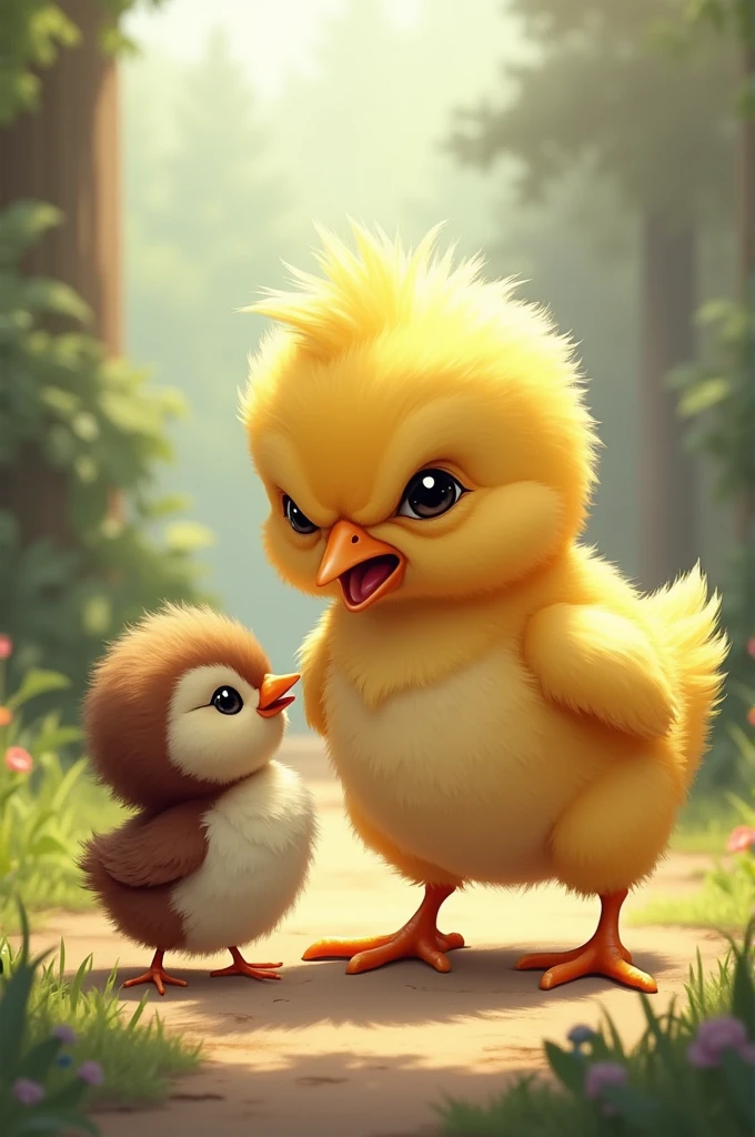A cute but angry chick defeating another chick