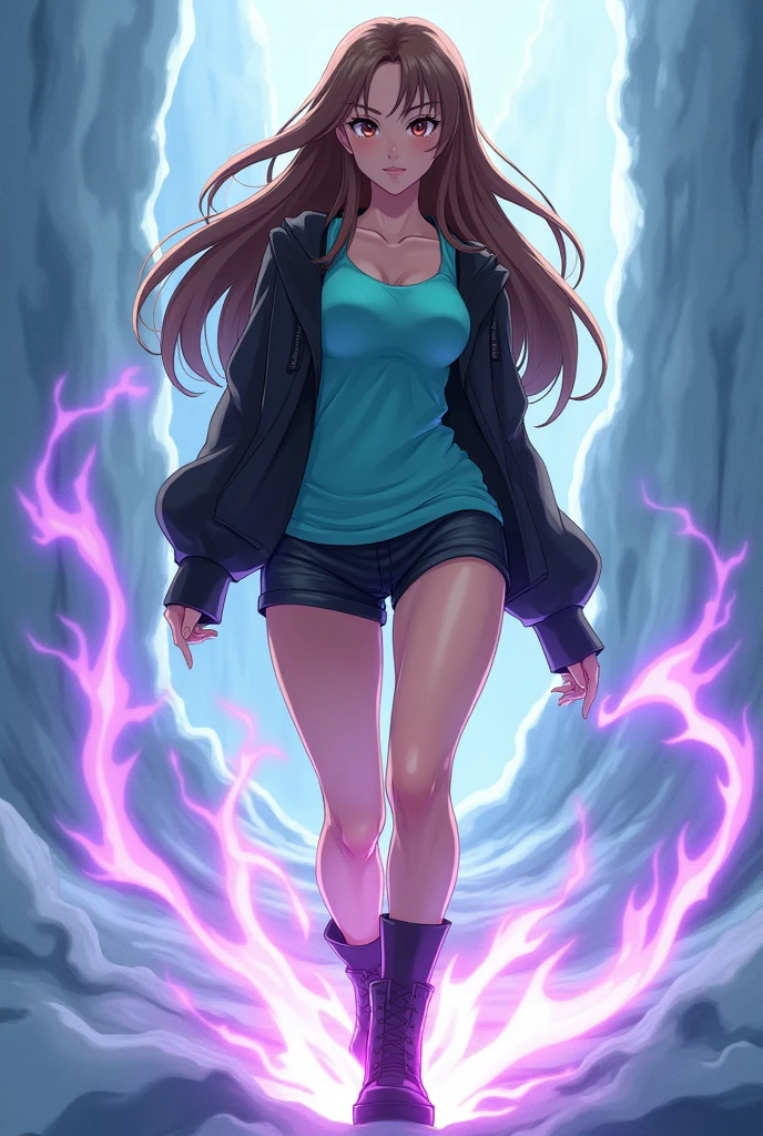 1. 1 white girl
2. Spanish features
3. Long wavy brown hair
4. Light brown eyes
5. Slightly elongated face
6. Small tits
7. big hips
8. Wears black shorts
9. Turquoise t-shirt
10. Black jacket
11. flash of lightings of color white are emitted from her body
12. It has to be full body
13. She wears black boots
14. purple intense fire is emitted from her feet
15. It has to be an anime girl
16. In the background it looks frozen
