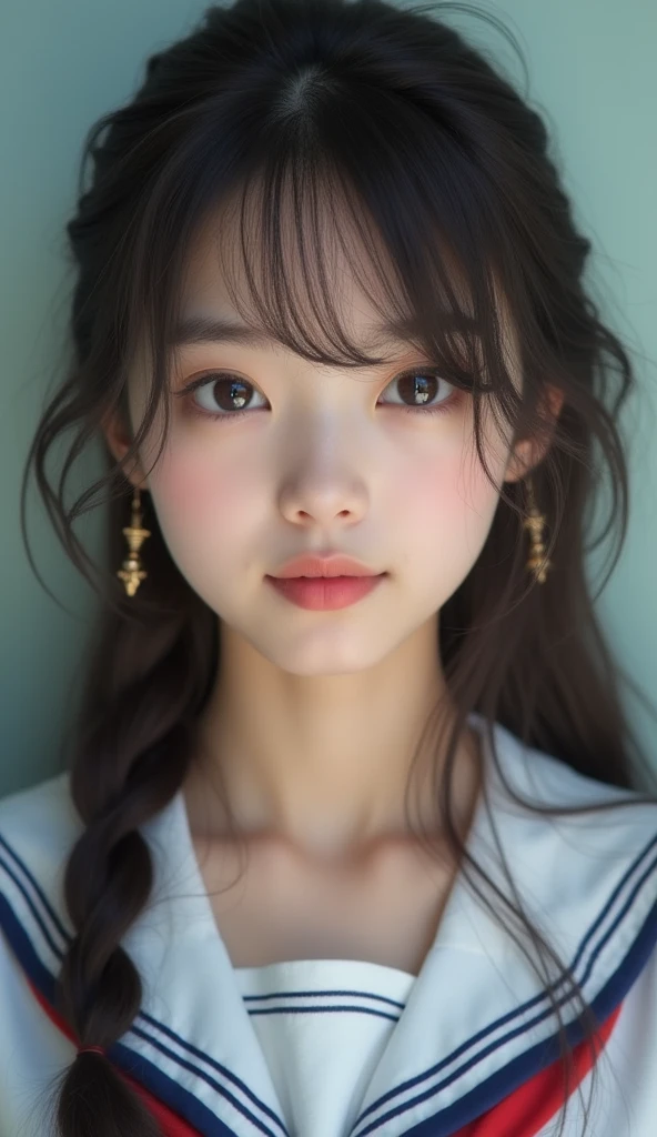 raw photo, real photo, 18yo, Beautiful clear eyes, unique, individual, distinctive face, real skin, Bare skin, slightly open mouth, high school uniform, cleavage, lovely, neat, calm, happy, innocent, peaceful, soothing, youthful, irreplaceable, Ultra-high resolution, 8k,