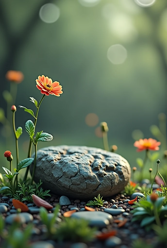 Make me a picture where a stone and two flowers appear
