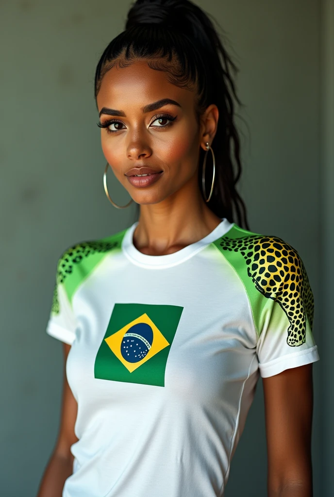 A woman wearing a tight white t-shirt with a green gradient on the shoulders and with jaguar details on the short sleeves of the t-shirt and with the Brazilian flag on the t-shirt, In the chest region