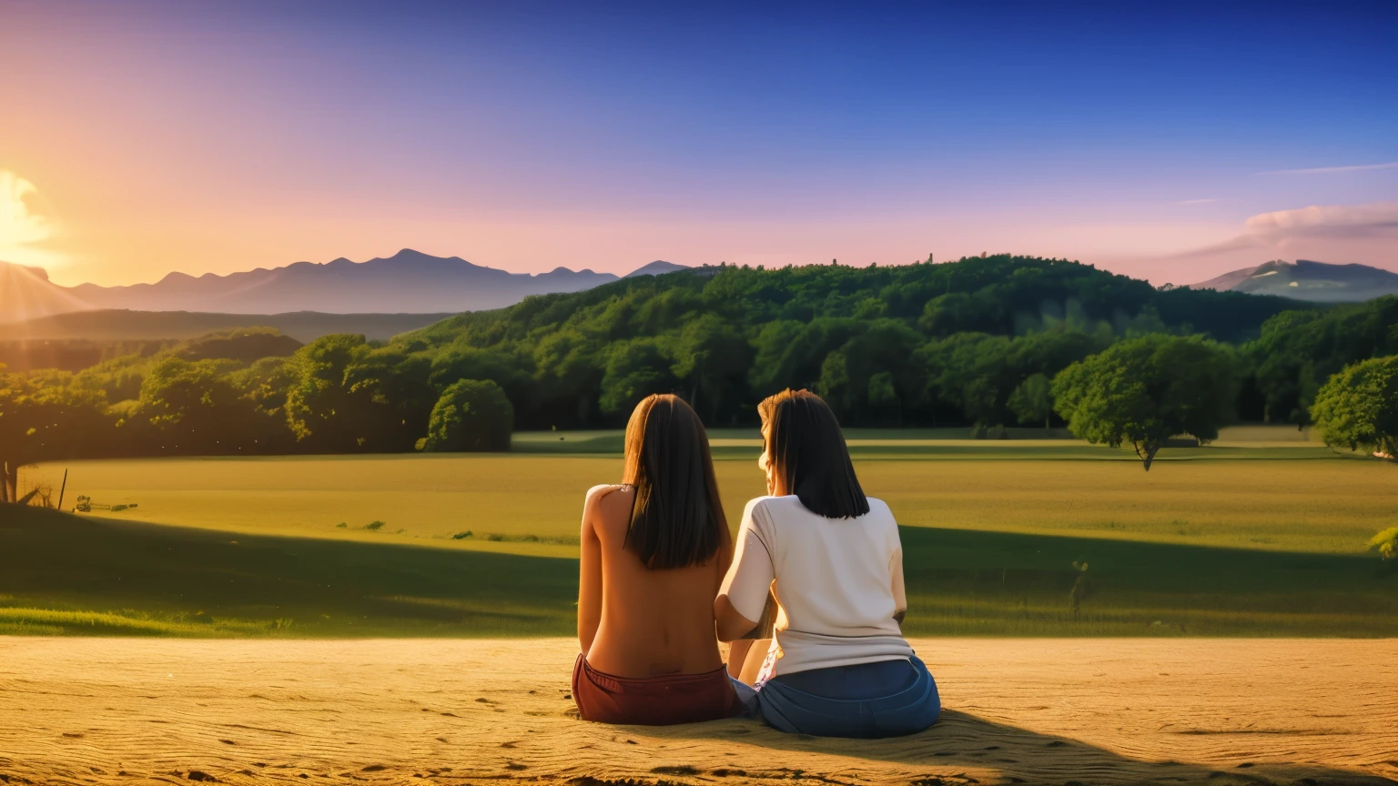 painting of a couple sitting on a blanket on a hill, watching the sun set. anime, watching the sunset, summer setting, with a sunset, in the sunset, rhads and lois van baarle, looking at sunset, with sunset, summer sunset, ((sunset)), studio ghibli sunlight, lofi artstyle, warm beautiful scene, by Shingei