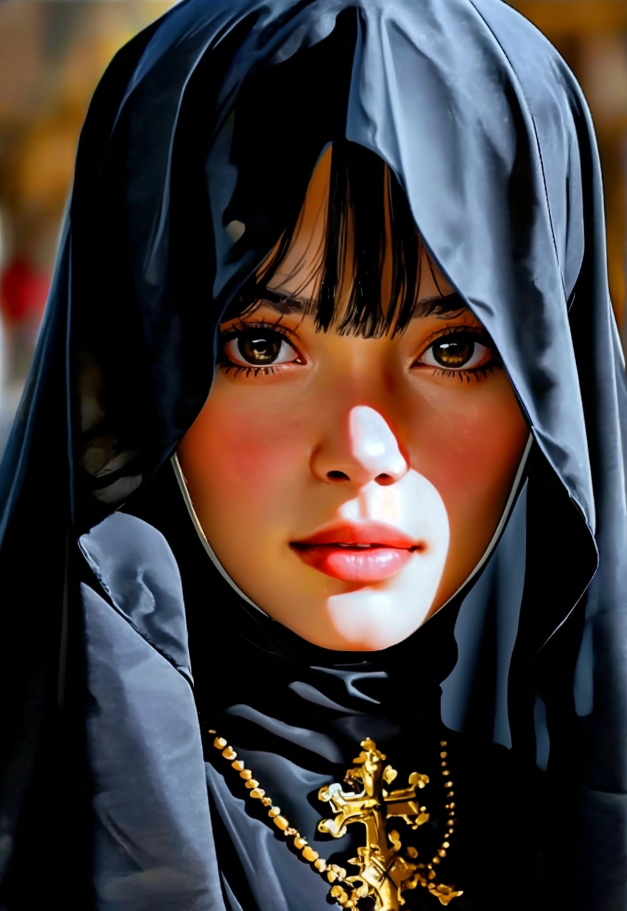 A close-up of a young woman dressed as a nun, her face partially obscured by a black veil with a prominent white cross at the center. The veil covers her eyes, leaving her sexy smile fully visible, creating a contrast between the religious attire and her playful expression. She wears a traditional black habit, with a silver cross necklace hanging around her neck. 