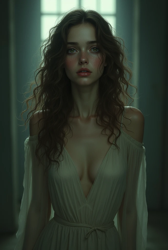 A tall white girl with light brown curly hair, brown eyes with freckles, medium-large lips, cold in a possessive environment