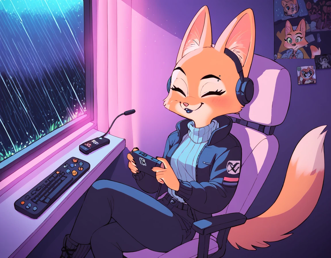 purple leds, purple leds, retro style, 80s, pink neons, Lo-Fi Aesthetics, pink lights, Diane foxington, ginger fur, emerald eyes, black lipstick, black eyebrows, silver piercings on eyebrow, fox tail, sitting in a chair, in front of a pc (music player), led headset, closed eyes, relaxing, dark bedroom, night, window, rain, by diives