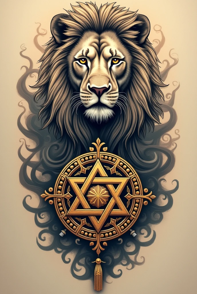 Create a tattoo with a creative fusion of the Lion of Judah with the Saint Benedict medallion.