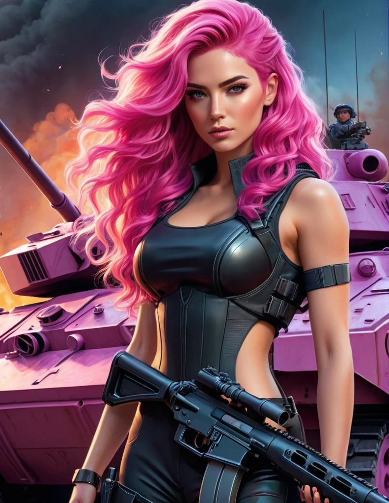 1 attractive woman with long, wavy bright pink hair, create a beautiful detailed image of a powerful and confident female character holding a rifle in front of a tank, the tank has a neon sign that says FMS, she should exude strength and determination. Early 30s, long hair, bright, flowing pink, chic, but practical. in an outfit like a futuristic jumpsuit in black,gazing at viewer, 