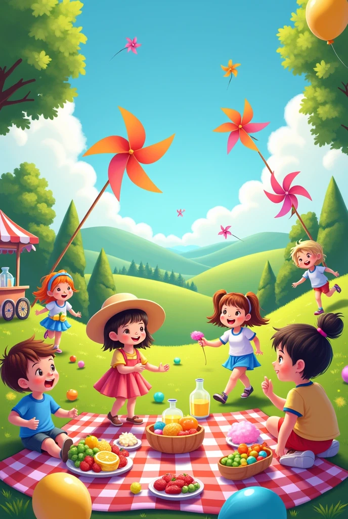 Scenery photos with children. Piquenique ao ar livre com cores candies, balloons, checkered tablecloths, many fruits, candies, lemonades, lemonade stand, cotton candy cart and large paper windmills. Actual image
