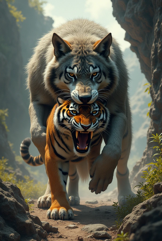 Wolf kills tiger and put in her mouth
