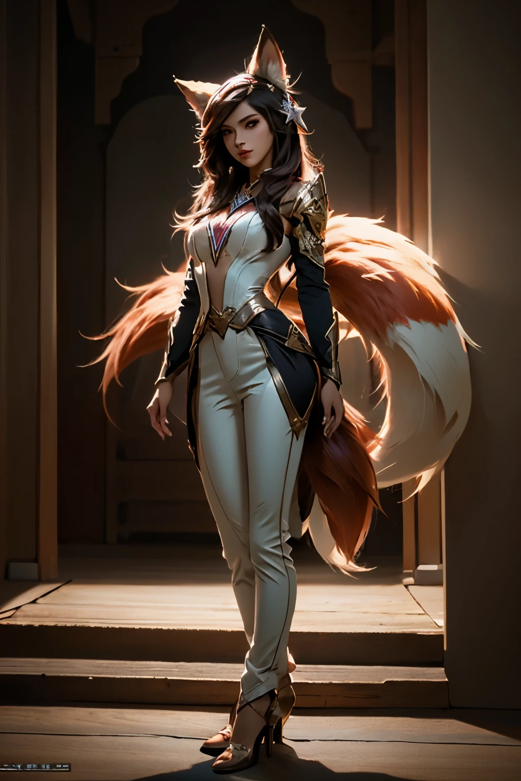 Ahri league of legends, nine red tipped fox tails, standing, face detailed, star guardian costume, fully body, super detaill, high resolution, 8k, Overview, iluminação Ray Tracing