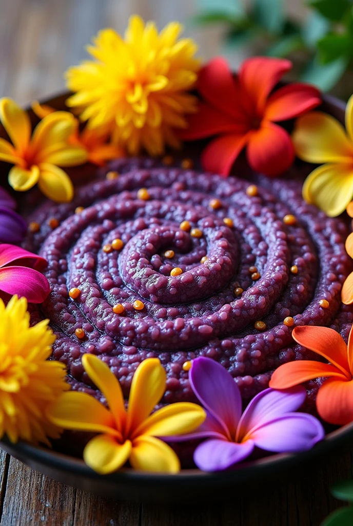 A logo where there is a deep plate with purple porridge with Jamaican flowers that says Jamaican porridge 
