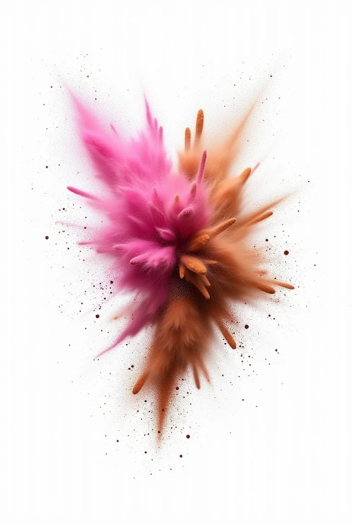 White background with two powders colliding, one pink and the other brown.. Wallpaper format 