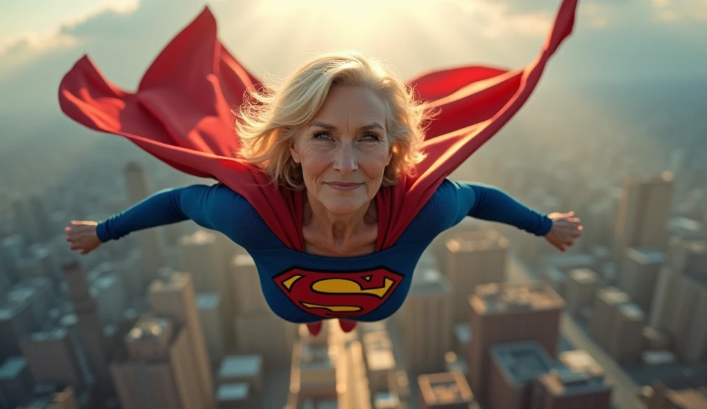 Supergirl Julie Hagerty(((very beautiful old Supergirl (((1984s costume))); Julie Hagerty))) Super old woman Julie Hagerty; confident, powerful, indestructible, attractive; big and firm chest, floating high above the city, sunlight streaming through the clouds, dramatic pose, cinematic lighting, colorful cityscape below, gritty urban environment, intricate details, hyper-realistic, 8k, cinematic, dramatic, grandiose, superhero, flying, cape flowing, muscular, confident, powerful, determined expression, glowing eyes, lens flare, volumetric lighting, cinematic camera angle, dramatic shadows and highlights, photorealistic, vibrant colors, highly detailed, masterpiece