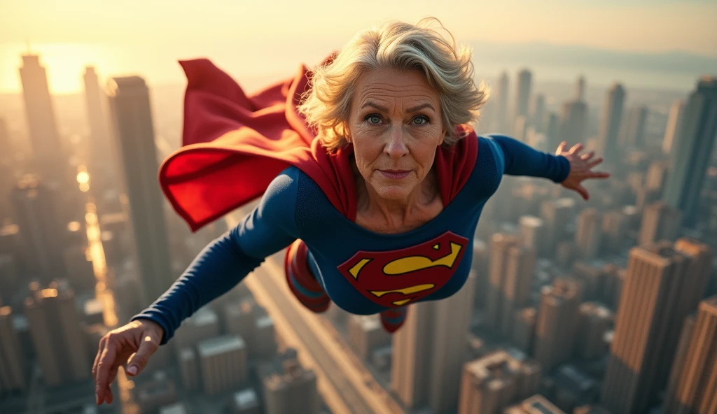 Supergirl Julie Hagerty(((very beautiful old Supergirl (((1984s costume))); Julie Hagerty))) Super old woman Julie Hagerty; confident, powerful, indestructible, attractive; big and firm chest, floating high above the city, sunlight streaming through the clouds, dramatic pose, cinematic lighting, colorful cityscape below, gritty urban environment, intricate details, hyper-realistic, 8k, cinematic, dramatic, grandiose, superhero, flying, cape flowing, muscular, confident, powerful, determined expression, glowing eyes, lens flare, volumetric lighting, cinematic camera angle, dramatic shadows and highlights, photorealistic, vibrant colors, highly detailed, masterpiece