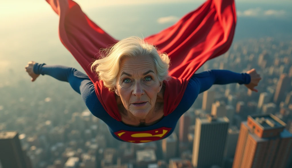 Supergirl Julie Hagerty(((very beautiful old Supergirl (((1984s costume))); Julie Hagerty))) Super old woman Julie Hagerty; confident, powerful, indestructible, attractive; big and firm chest, floating high above the city, sunlight streaming through the clouds, dramatic pose, cinematic lighting, colorful cityscape below, gritty urban environment, intricate details, hyper-realistic, 8k, cinematic, dramatic, grandiose, superhero, flying, cape flowing, muscular, confident, powerful, determined expression, glowing eyes, lens flare, volumetric lighting, cinematic camera angle, dramatic shadows and highlights, photorealistic, vibrant colors, highly detailed, masterpiece