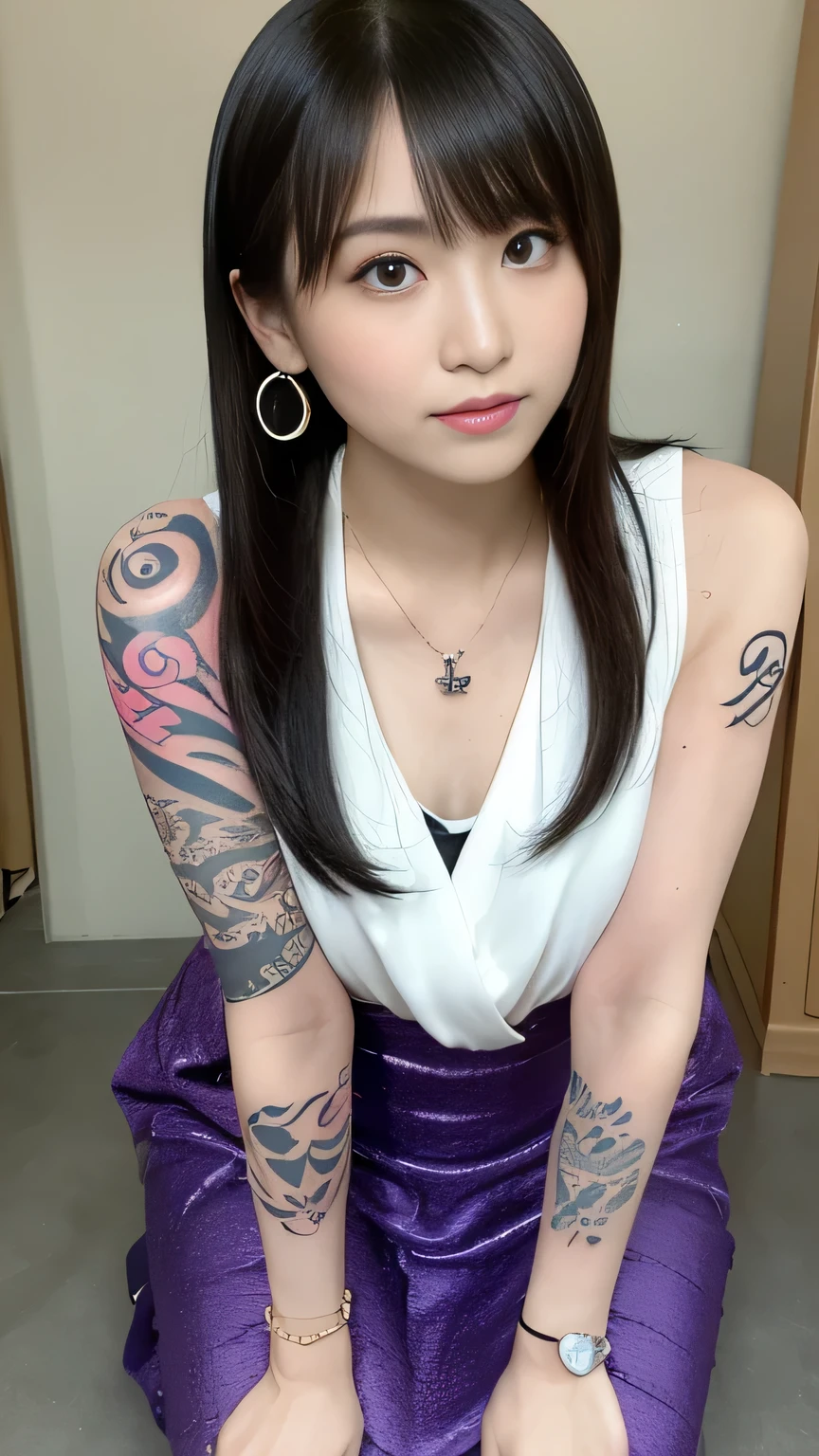 Gal clothes( Highest quality, 8k, masterpiece, RAW Photos: 1.3),mysterious, Beautiful Japanese Women, Young Japanese women,Trained and toned body、 (Highlight Color Hair,pink、blonde、5 ear piercings、necklace、Roman alphabet tattoo on arm、 Straight long hair, Layered Haircut), Earrings, Many thin bracelets, whole body, Squat on the ground in a crab-legged position, Super detailed, Intricate details, Highly detailed face and skin tones, (body whole body tattoo, whole bodyに入れ墨), Beautiful Eyes, Realistic, Fascinating, Beautiful posture、Always wear a skirt、Sexy Dynamite、Crouched down and staring at you.、Heavy makeup、Eyeshadow purple、Perfect Proportions、Glare、Harajuku Style、Yankee sister、Flashy accessories、Gal clothesコーディネート